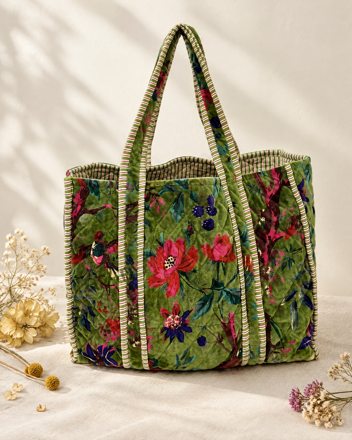 Sage green quilted velvet floral tote bag