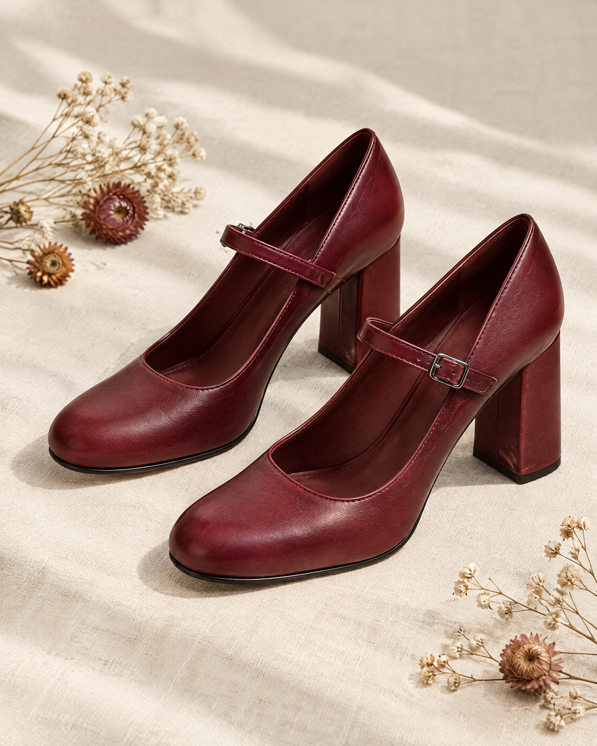 Burgundy leather Mary Jane block heel pumps
