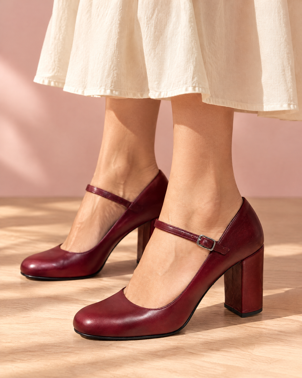 Burgundy leather Mary Jane block heel pumps