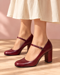 Burgundy leather Mary Jane block heel pumps