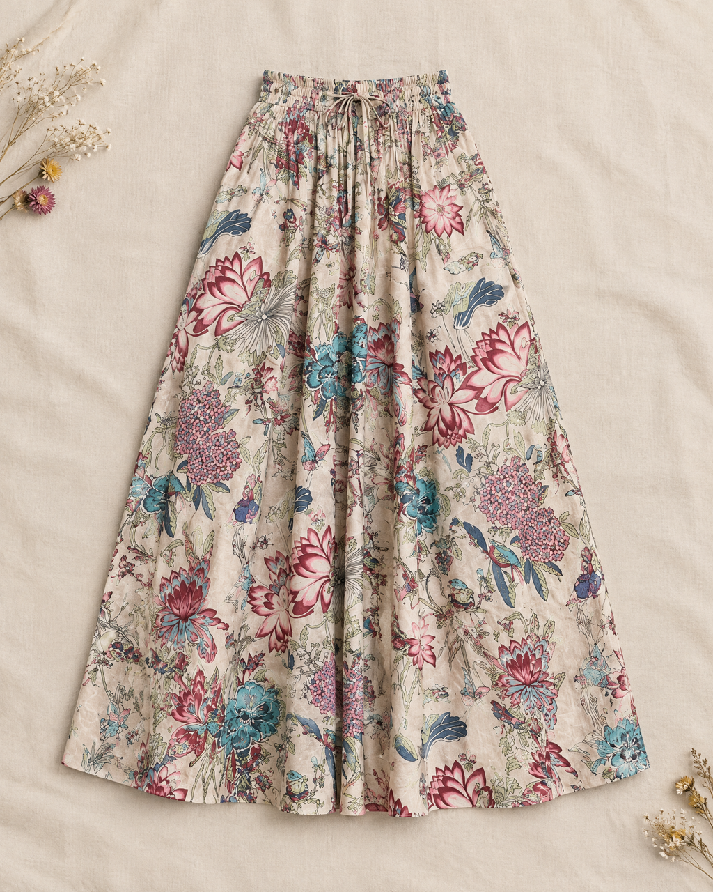 Taupe floral cotton A-line maxi skirt with pockets