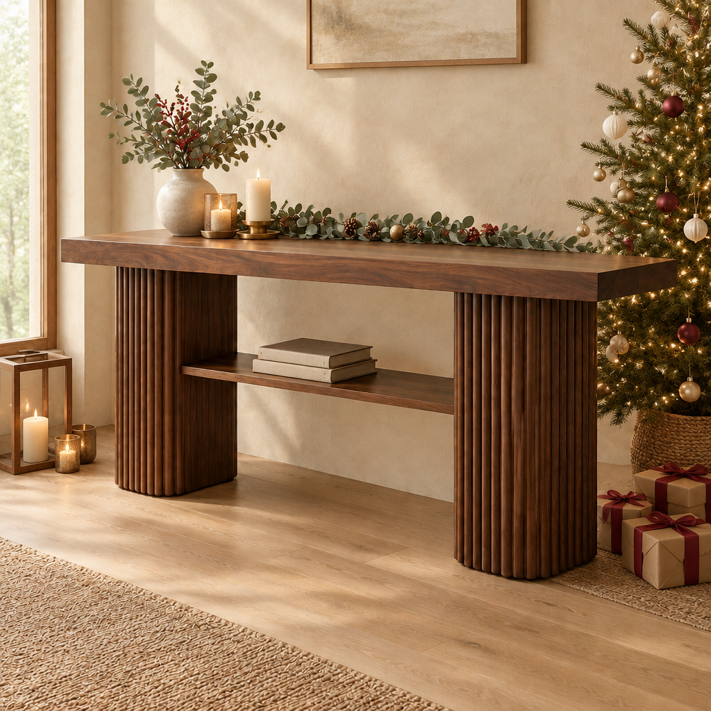 Halden Fluted Console Table in a Christmas living room