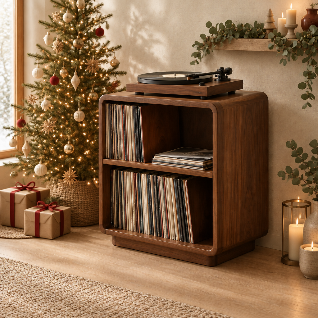 Sora Rounded Record Stand in a Christmas living room