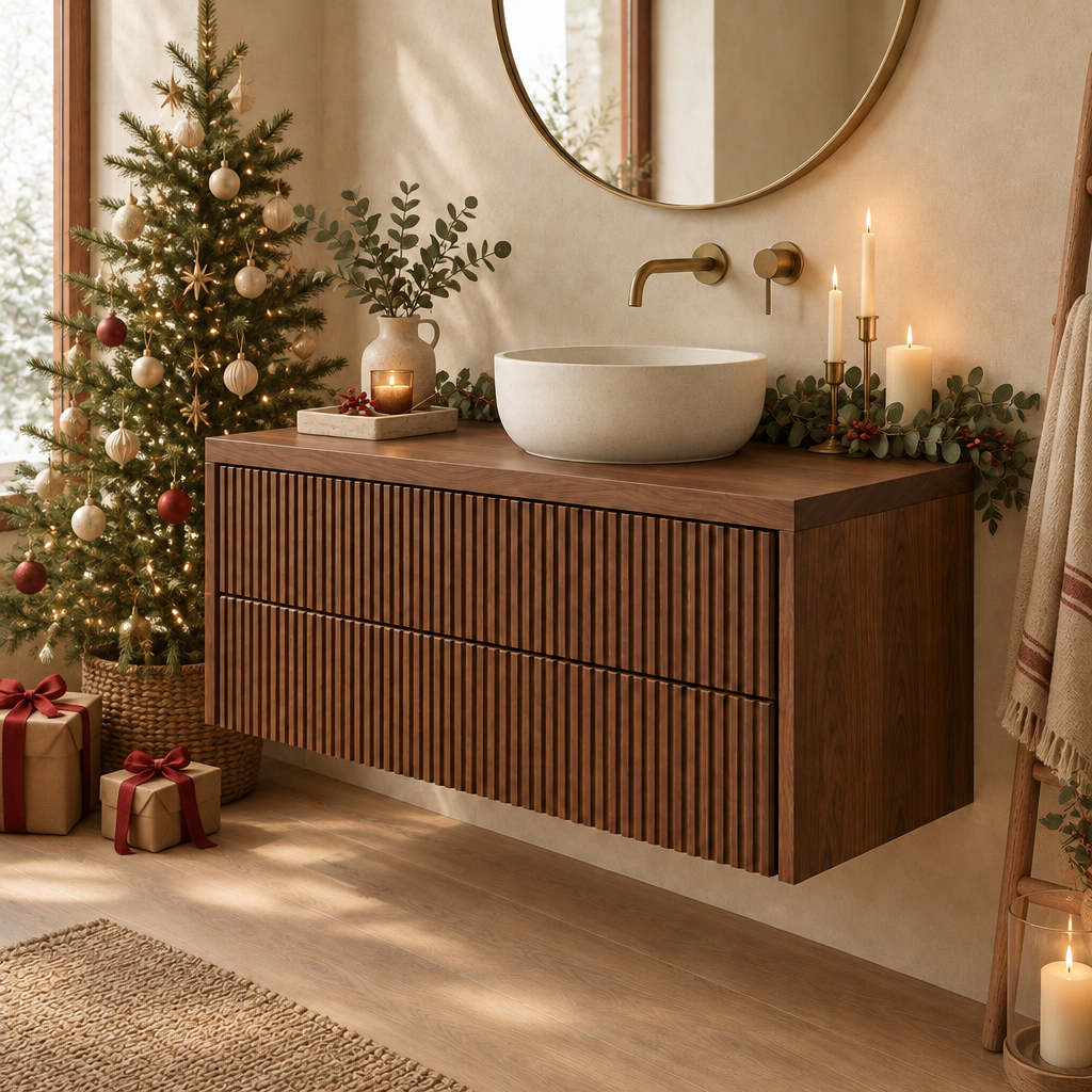 Halden Fluted Floating Vanity in a Christmas living room