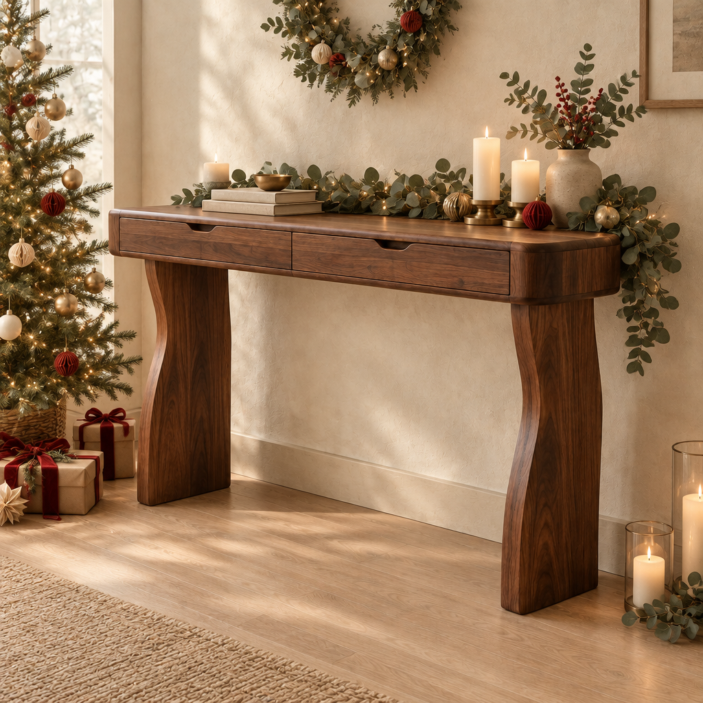 Sora Curved Console Table in a Christmas living room