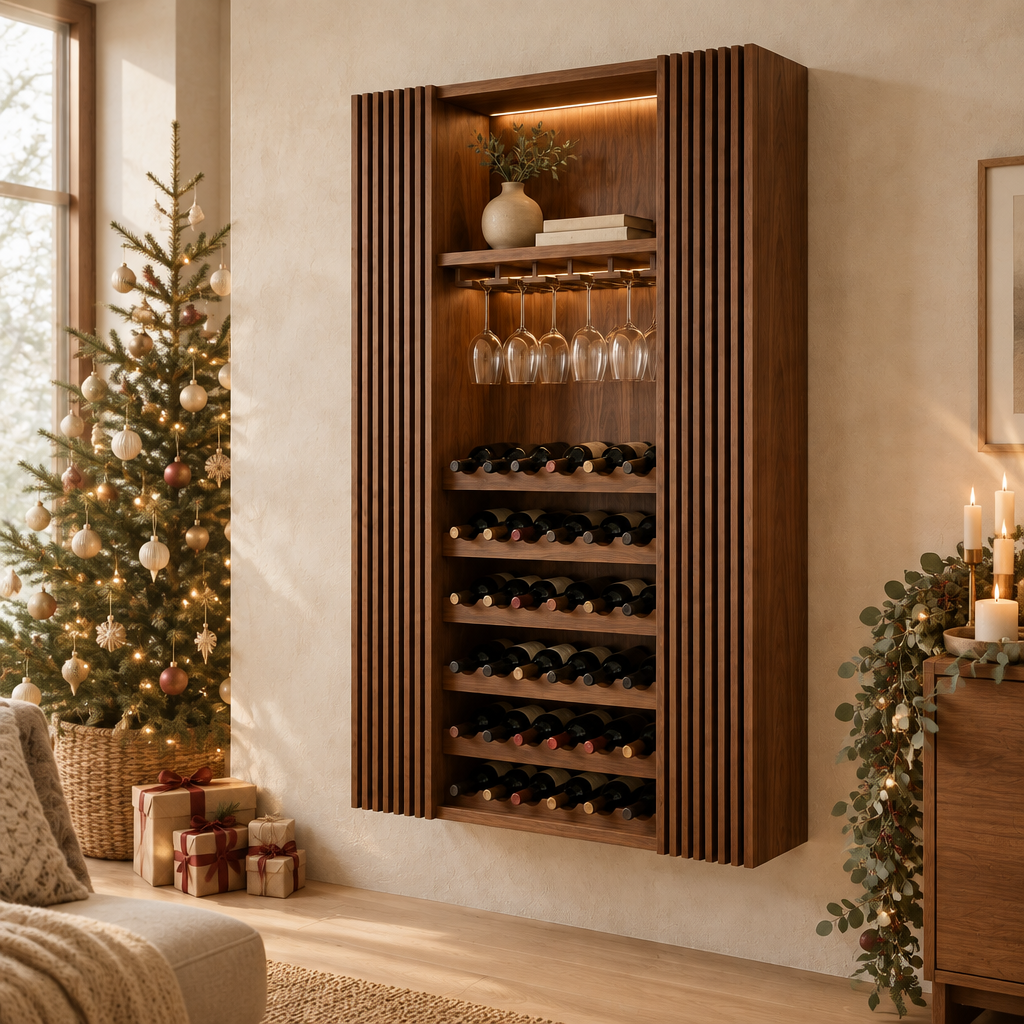 Halden Slatted Wine Cabinet with Light in a Christmas living room