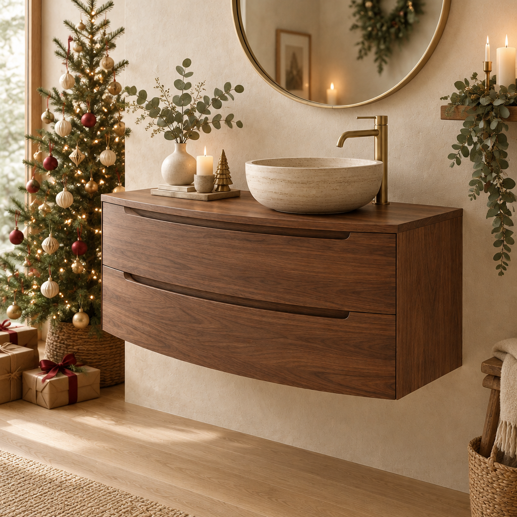 Sora Curved Floating Vanity in a Christmas living room