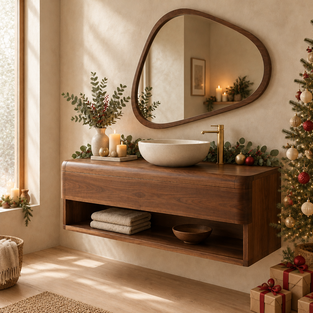 Mesa Vanity and Organic Mirror Set in a Christmas living room