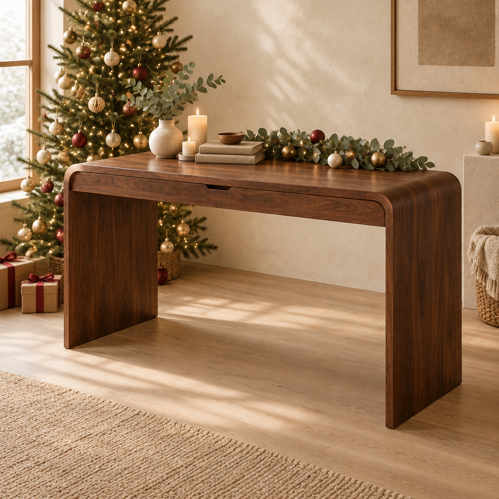 Sora Curved Writing Desk in a Christmas living room