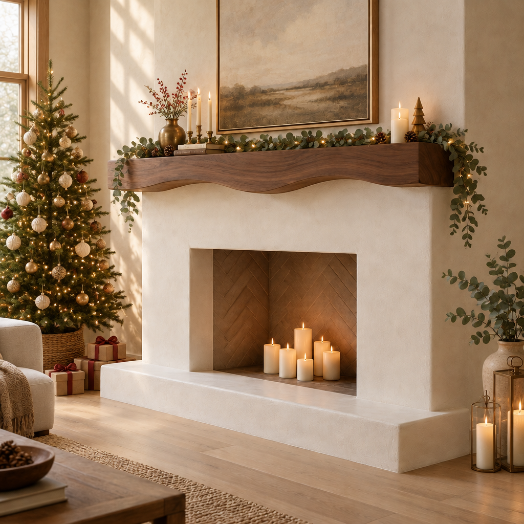 Mesa Carved Fireplace Mantel in a Christmas living room