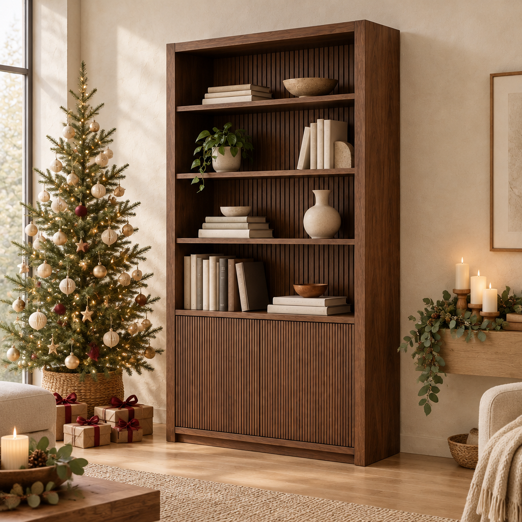 Halden Slatted Wall Bookcase in a Christmas living room