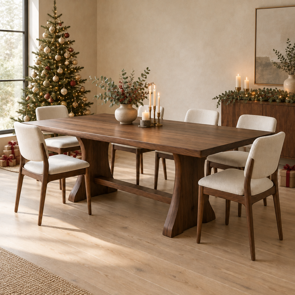 Sora Pedestal Dining Table in a Christmas living room