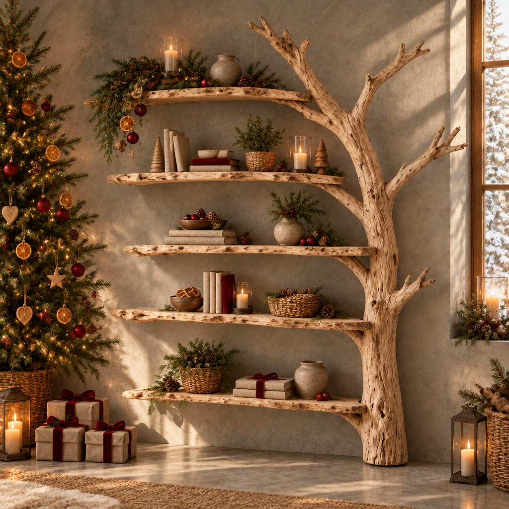 Tidewood Wall Tree Shelf in a Christmas living room