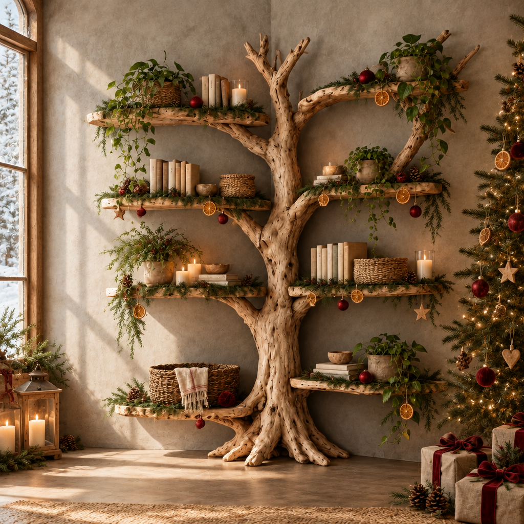 Tidewood Corner Tree Bookshelf in a Christmas living room