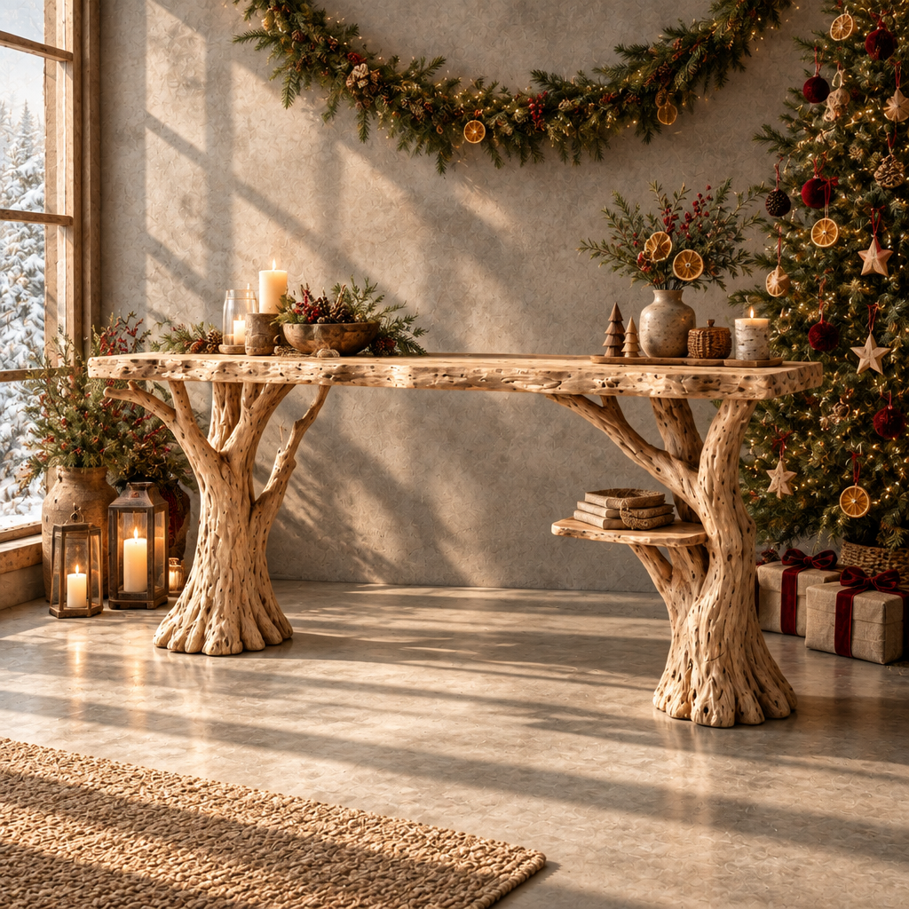 Tidewood Slab Desk with Branch Legs in a Christmas living room