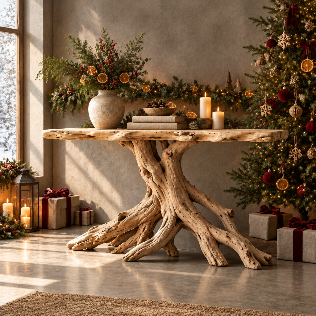 Tidewood Root Console Table in a Christmas living room