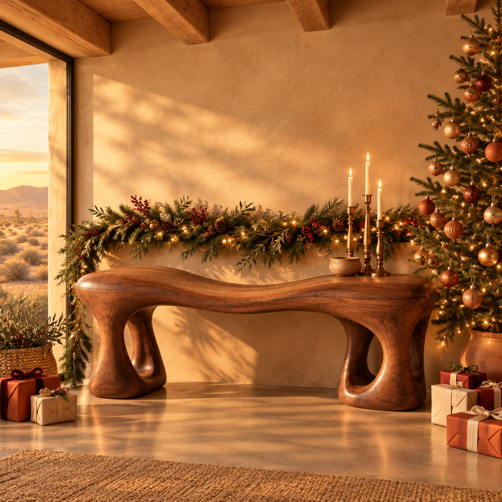 Mojave Sculpted Entry Bench in a Christmas living room