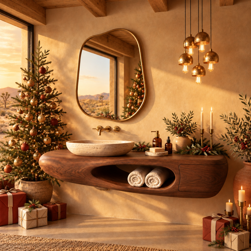 Mojave Sculpted Floating Vanity in a Christmas living room