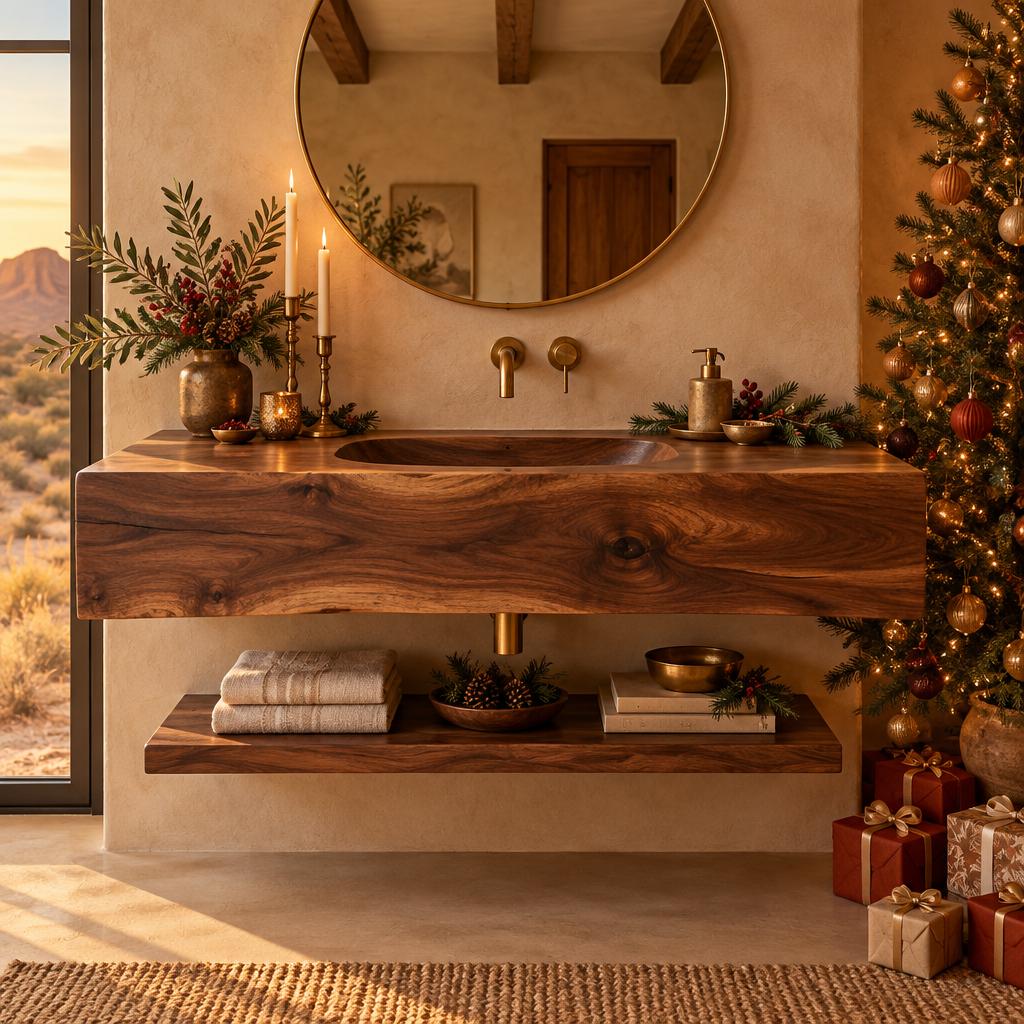 Mojave Carved Integrated-Sink Vanity in a Christmas living room