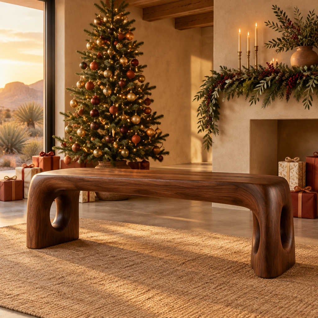 Mojave Sculpted Bench in a Christmas living room