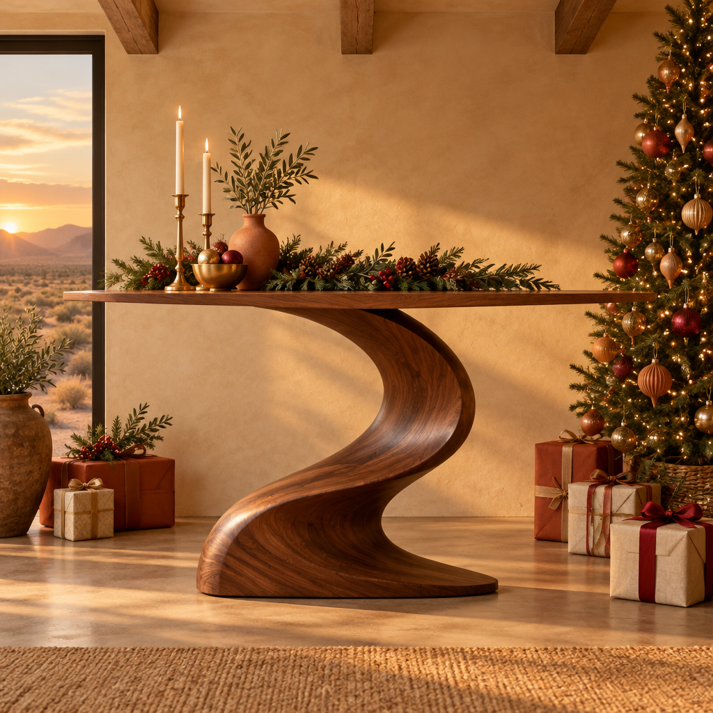 Mojave S-Curve Console Table in a Christmas living room
