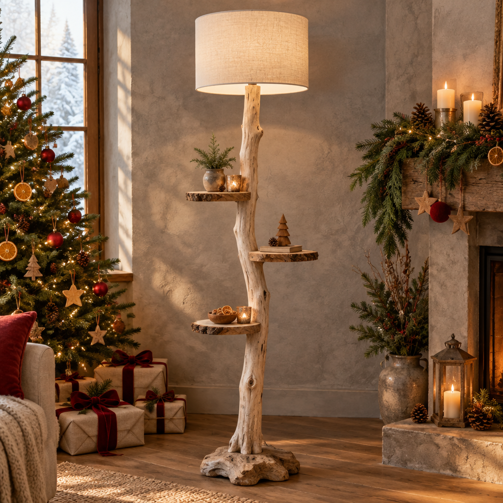 Tidewood Branch Floor Lamp with Shelves in a Christmas living room