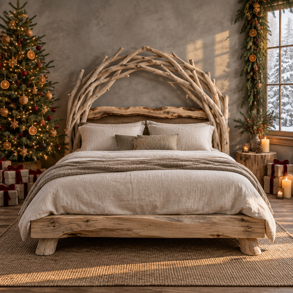 Tidewood Driftwood Headboard Bed in a Christmas living room
