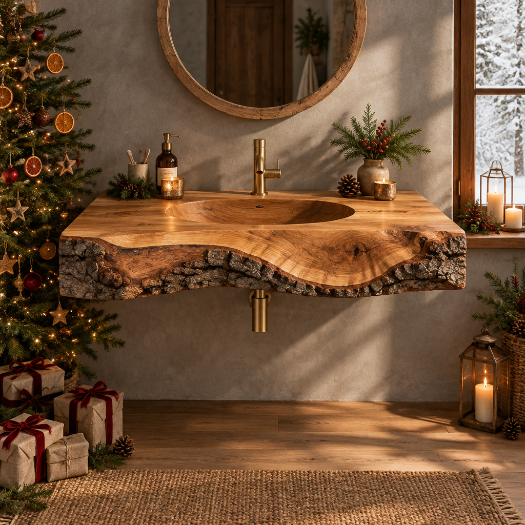 Tidewood Live-Edge Integrated-Sink Vanity in a Christmas living room