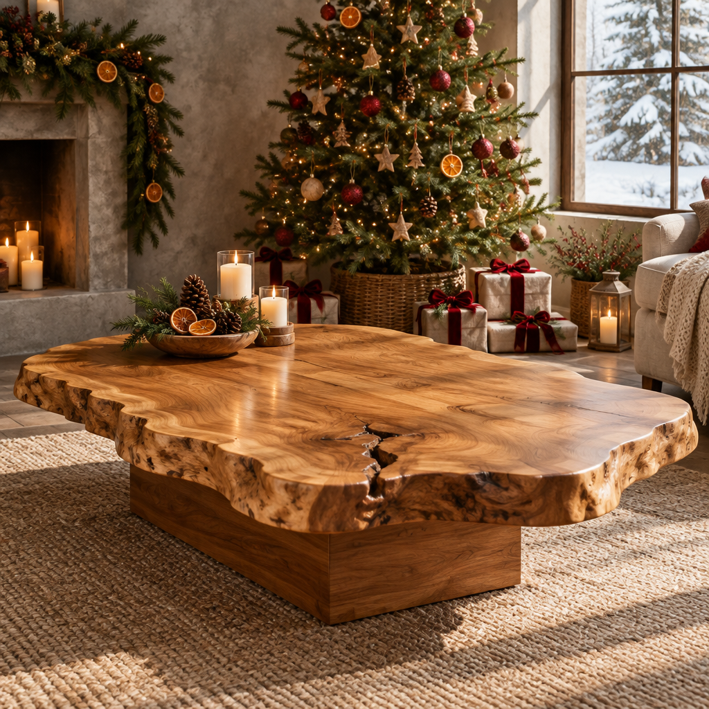 Tidewood Live-Edge Slab Coffee Table in a Christmas living room