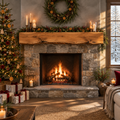 Tidewood Live-Edge Fireplace Mantel in a Christmas living room