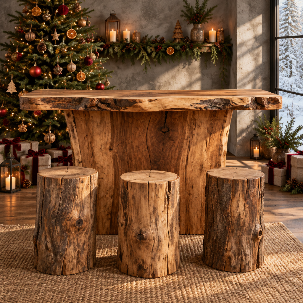 Tidewood Live-Edge Bar Counter with Stump Stools in a Christmas living room