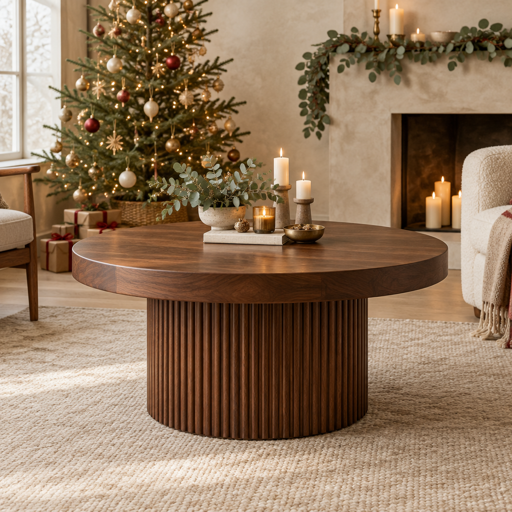 Sora Round Pedestal Coffee Table in a Christmas living room