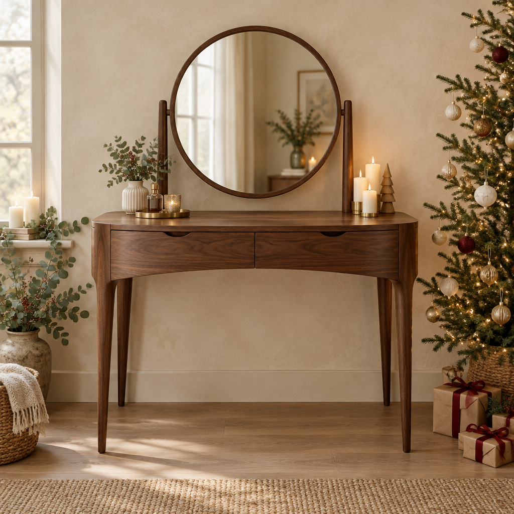 Sora Curved Dressing Table in a Christmas living room