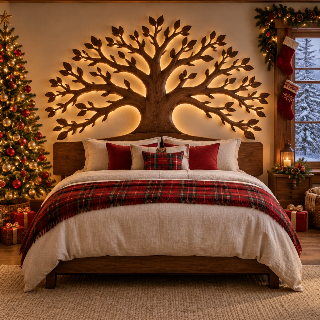 Rowan Tree Branch Headboard in a Christmas living room