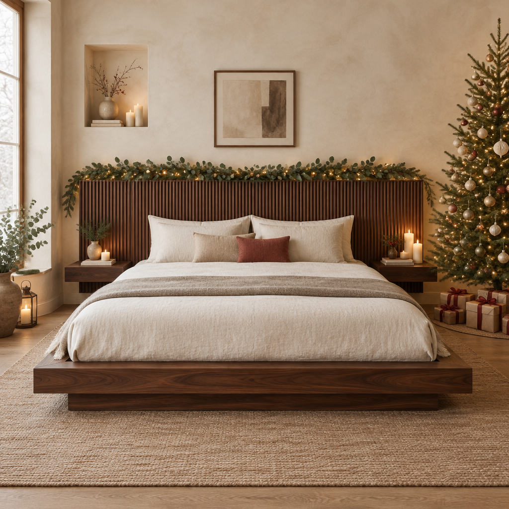 Halden Platform Bed with Fluted Headboard in a Christmas living room
