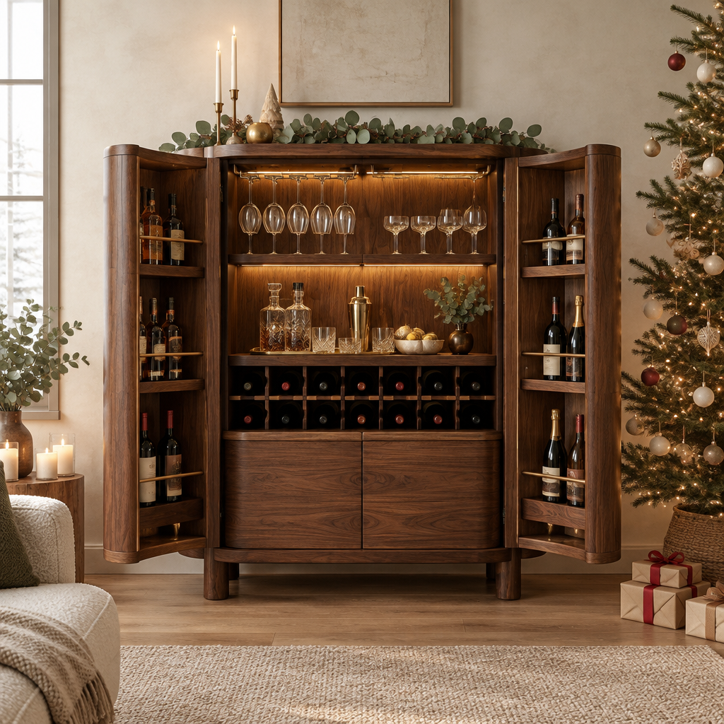 Sora Curved Bar Cabinet in a Christmas living room