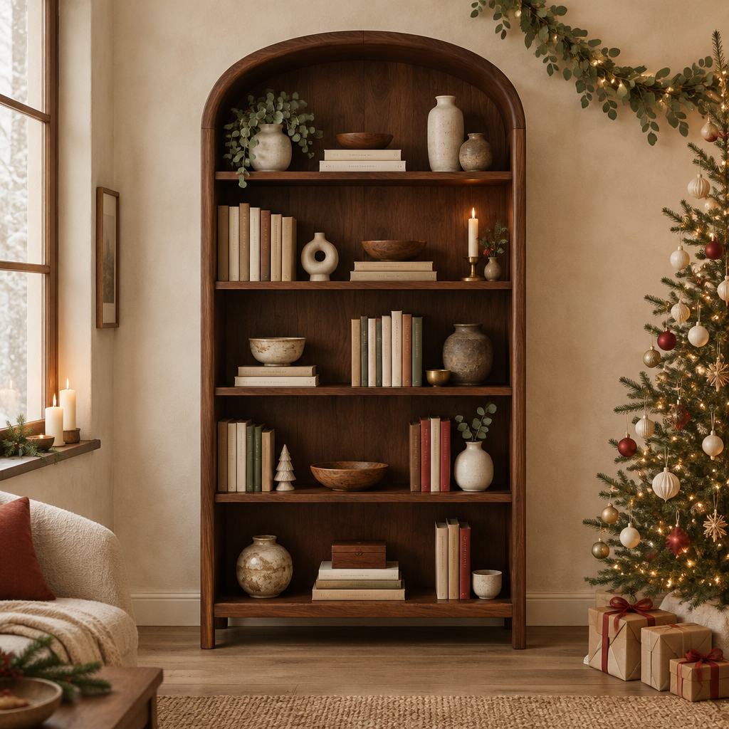 Sora Arched Bookcase in a Christmas living room