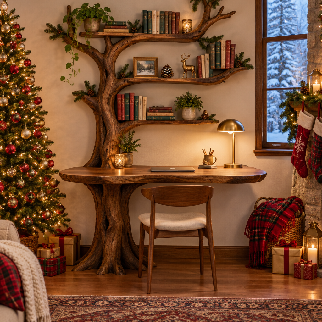 Rowan Tree Desk with Bookshelf in a Christmas living room