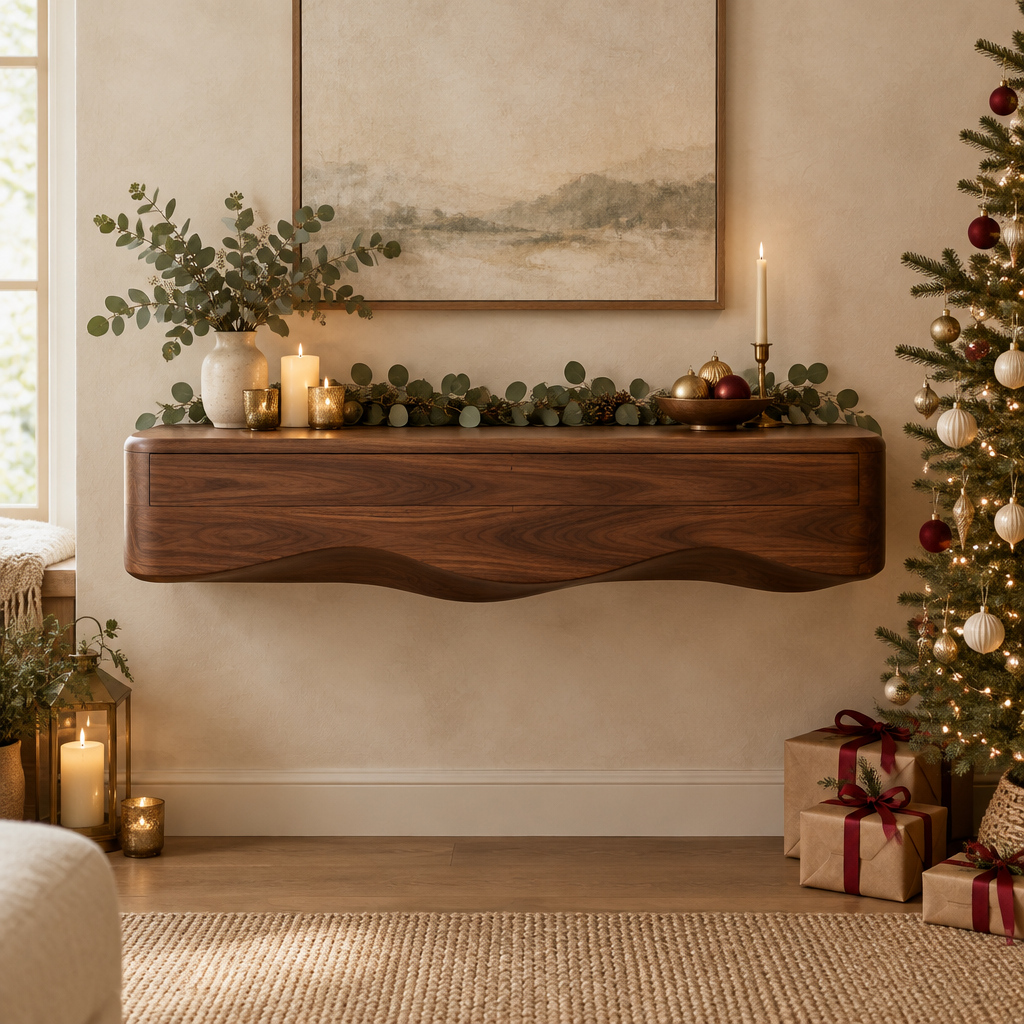 Mesa Floating Wall Console in a Christmas living room