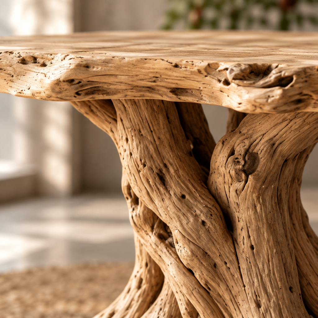 Tidewood Root Console Table wood grain and joinery close-up