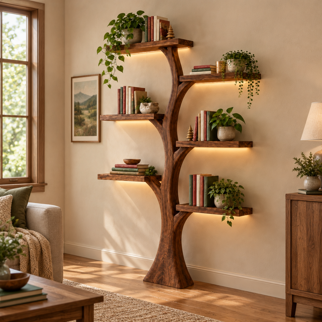 Rowan Tree Bookshelf with Light side view