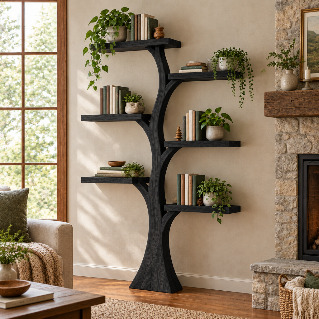 Rowan Tree Bookshelf with Light in Ebonized Black finish