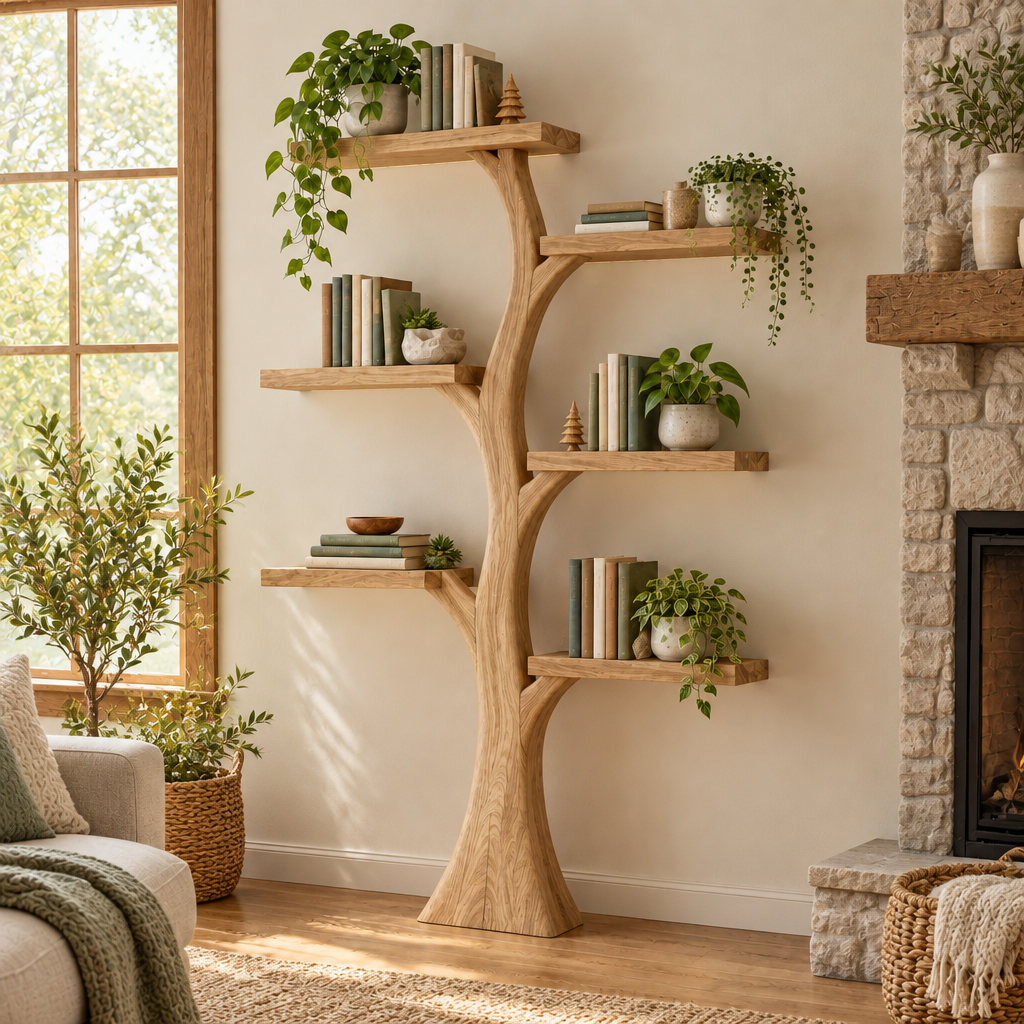 Rowan Tree Bookshelf with Light in Natural Oak finish