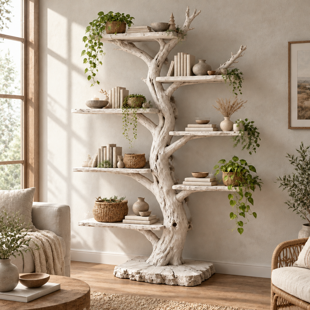Tidewood Freestanding Tree Bookshelf in Whitewashed finish