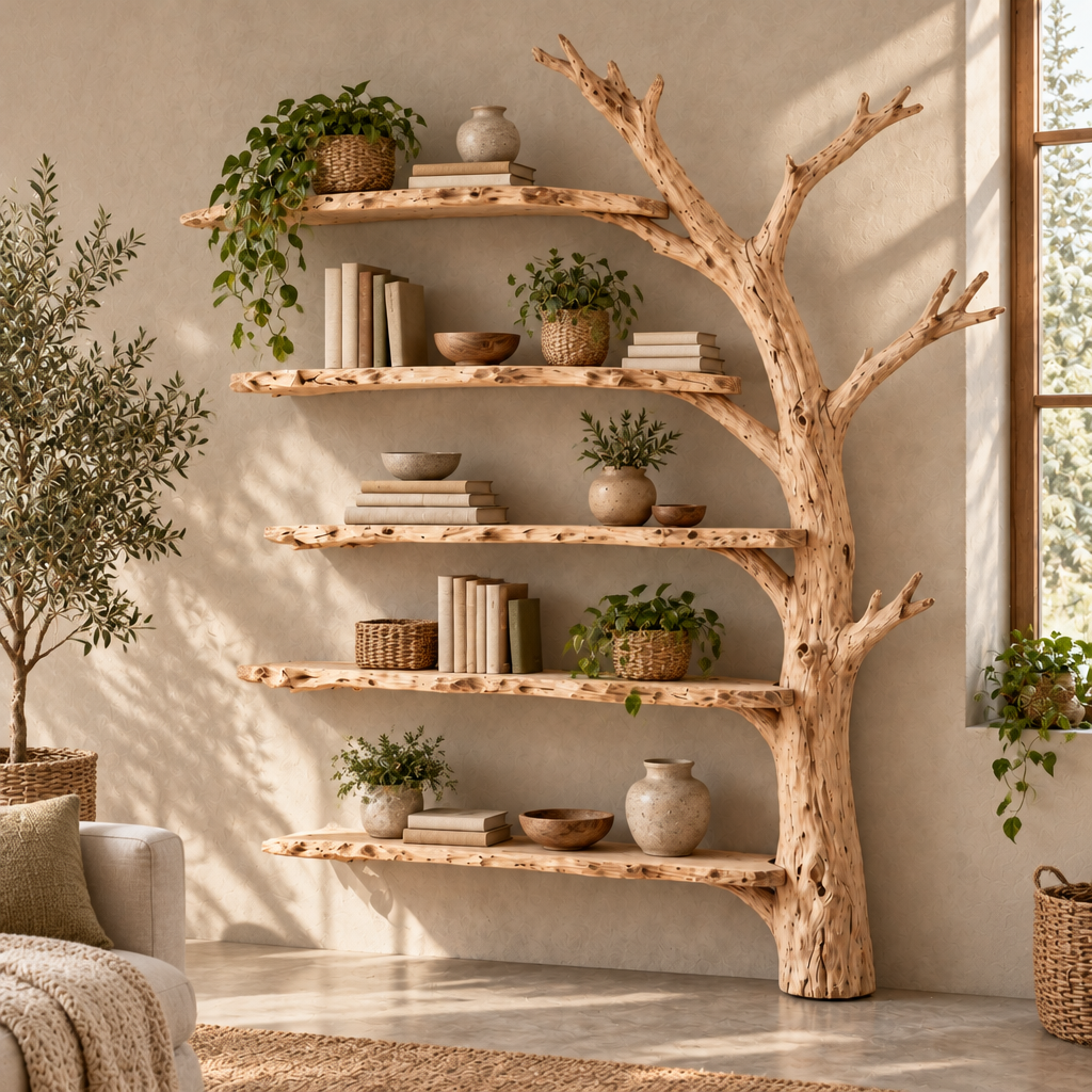 Tidewood Wall Tree Shelf in a living room