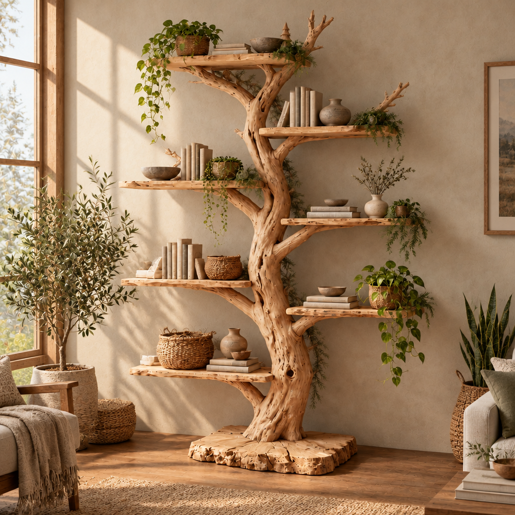 Tidewood Freestanding Tree Bookshelf in a living room