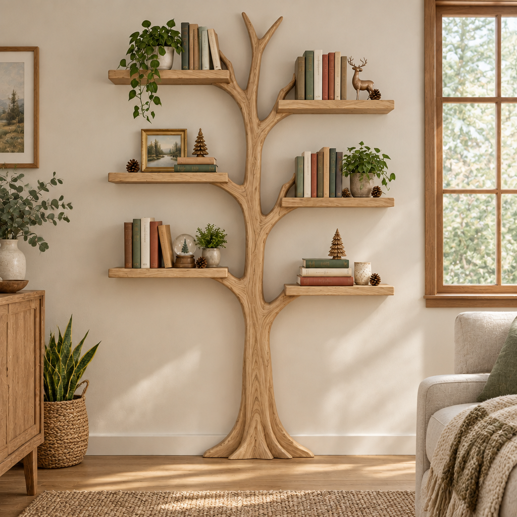 Rowan Wall Tree Bookshelf with Light in Natural Oak finish