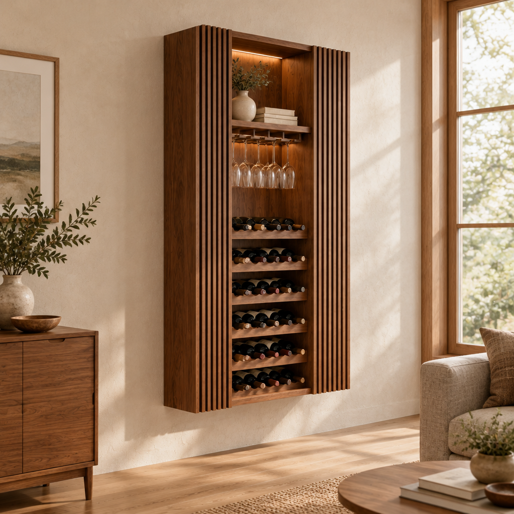 Halden Slatted Wine Cabinet with Light side view