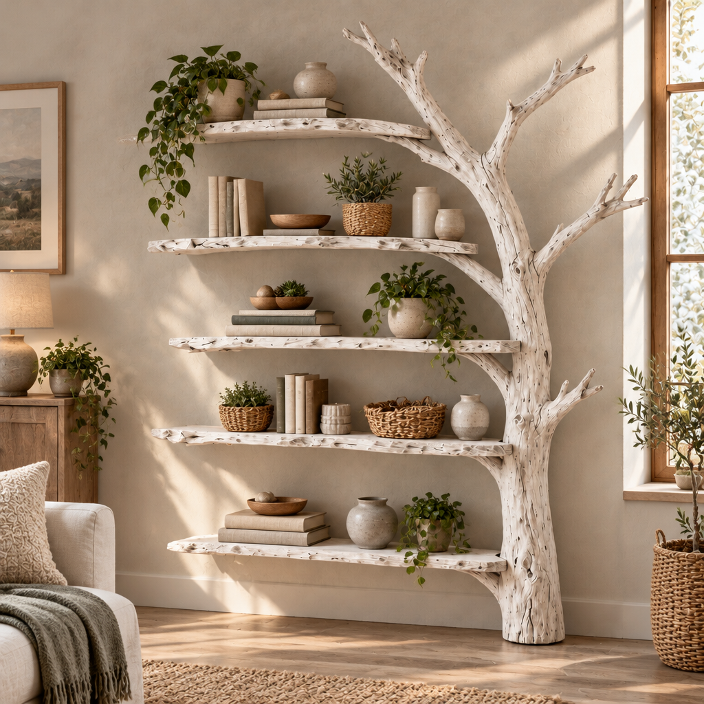 Tidewood Wall Tree Shelf in Whitewashed finish