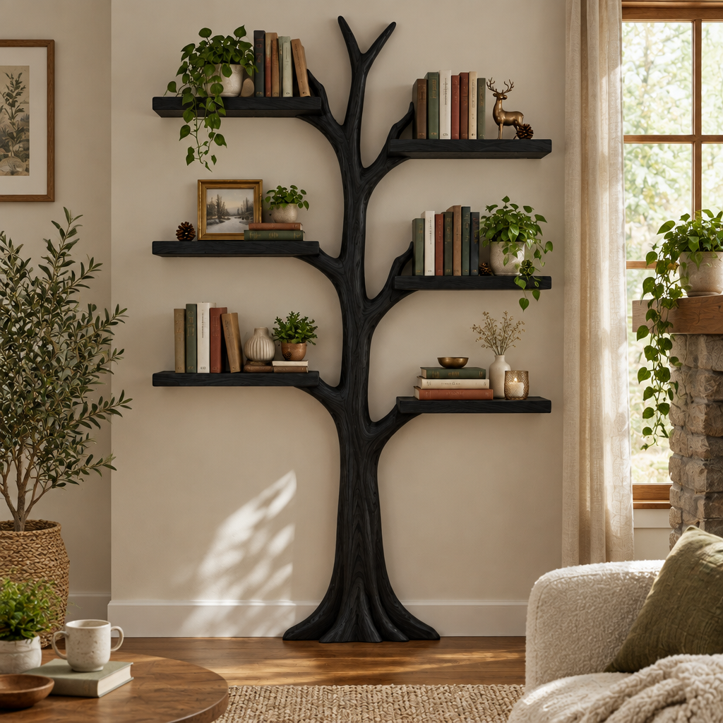 Rowan Wall Tree Bookshelf with Light in Ebonized Black finish